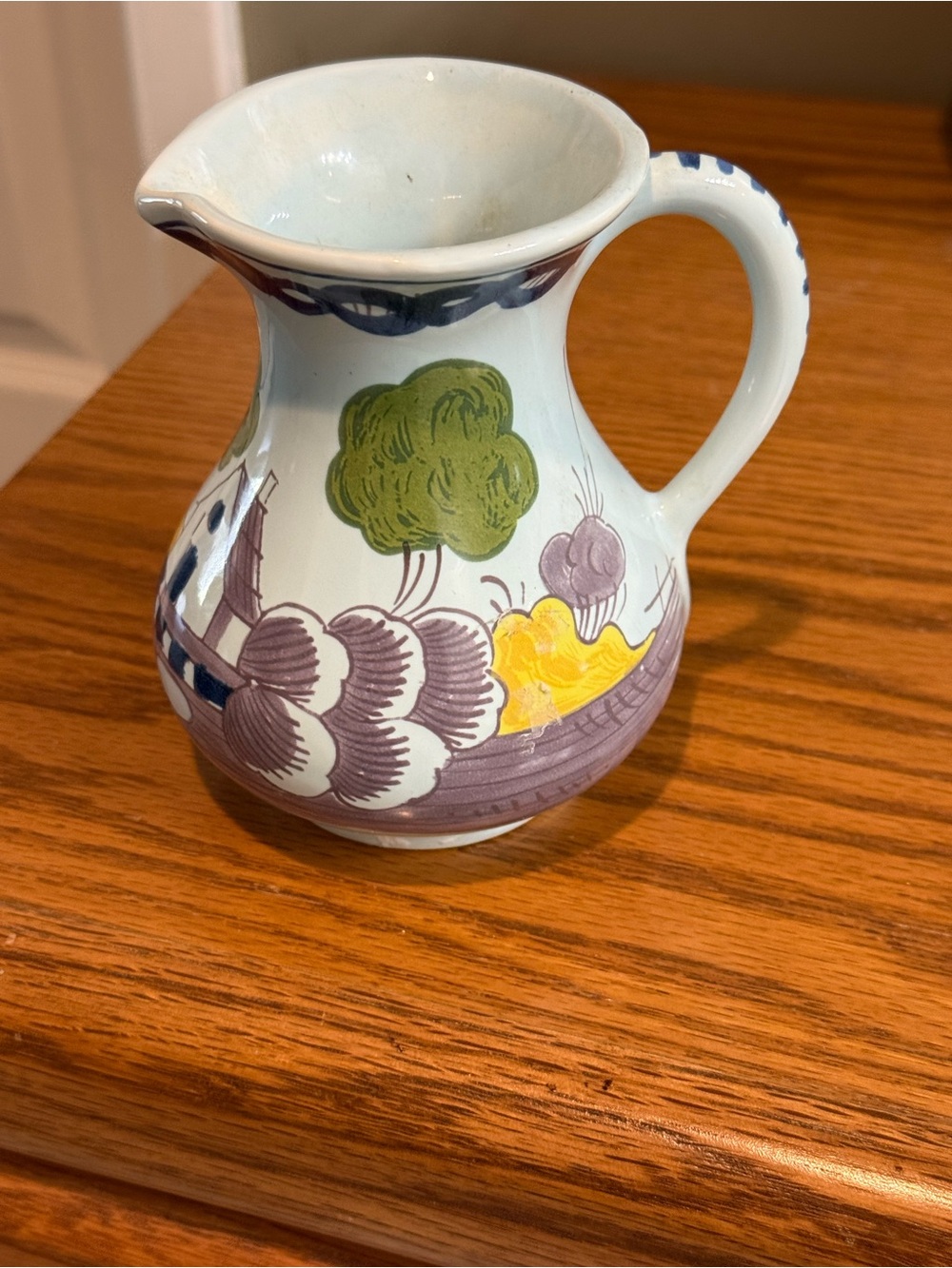 Colonial Williamsburg Oud Delft Holland Hand Painted Pitcher Polychrome 5" 1970s